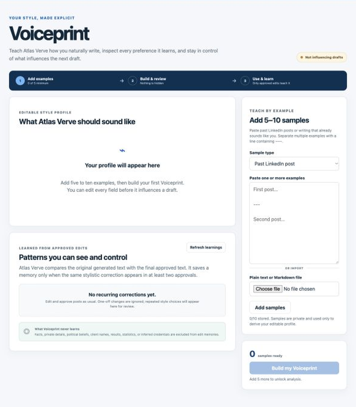 Atlas Verve Voiceprint controls for writing examples, editable profile and approved edit learning, with no private writing visible